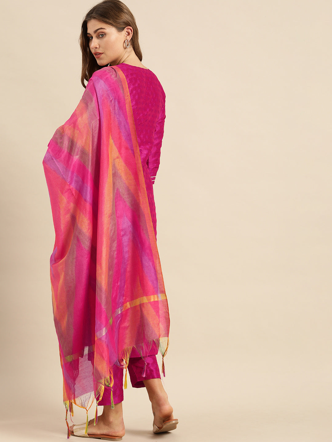 Varanga Magenta Zari And Gota Patti Embroidery Kurta With Trouser With Multi Color Silk Dupatta - Distacart