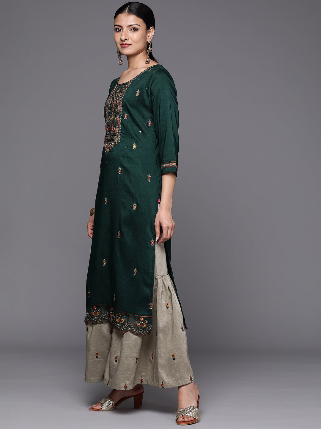 Varanga Women Green Three Quater Sleeve Embroidered Kurta Paired With Sharara And Dupatta - Distacart
