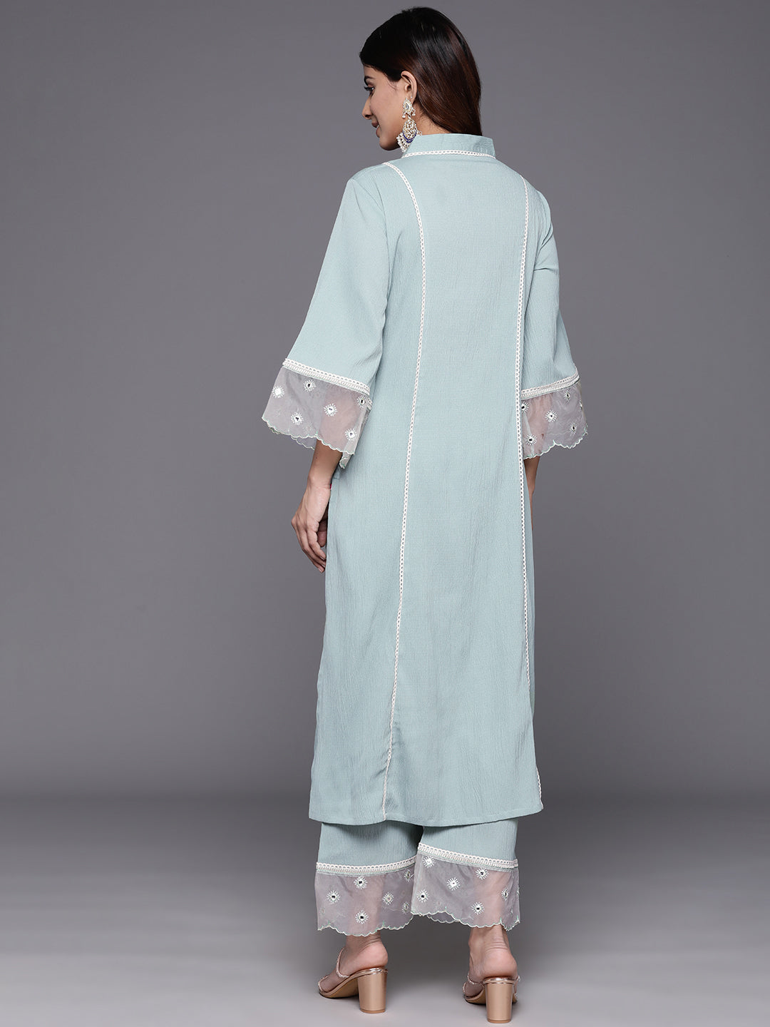 Varanga Women Sea Green Organza And Lace Detailed Kurta Set - Distacart