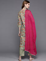 Thumbnail for Varanga Floral Printed Embroidered Kurta With Straight Pant And Chiffon Dupatta - Distacart
