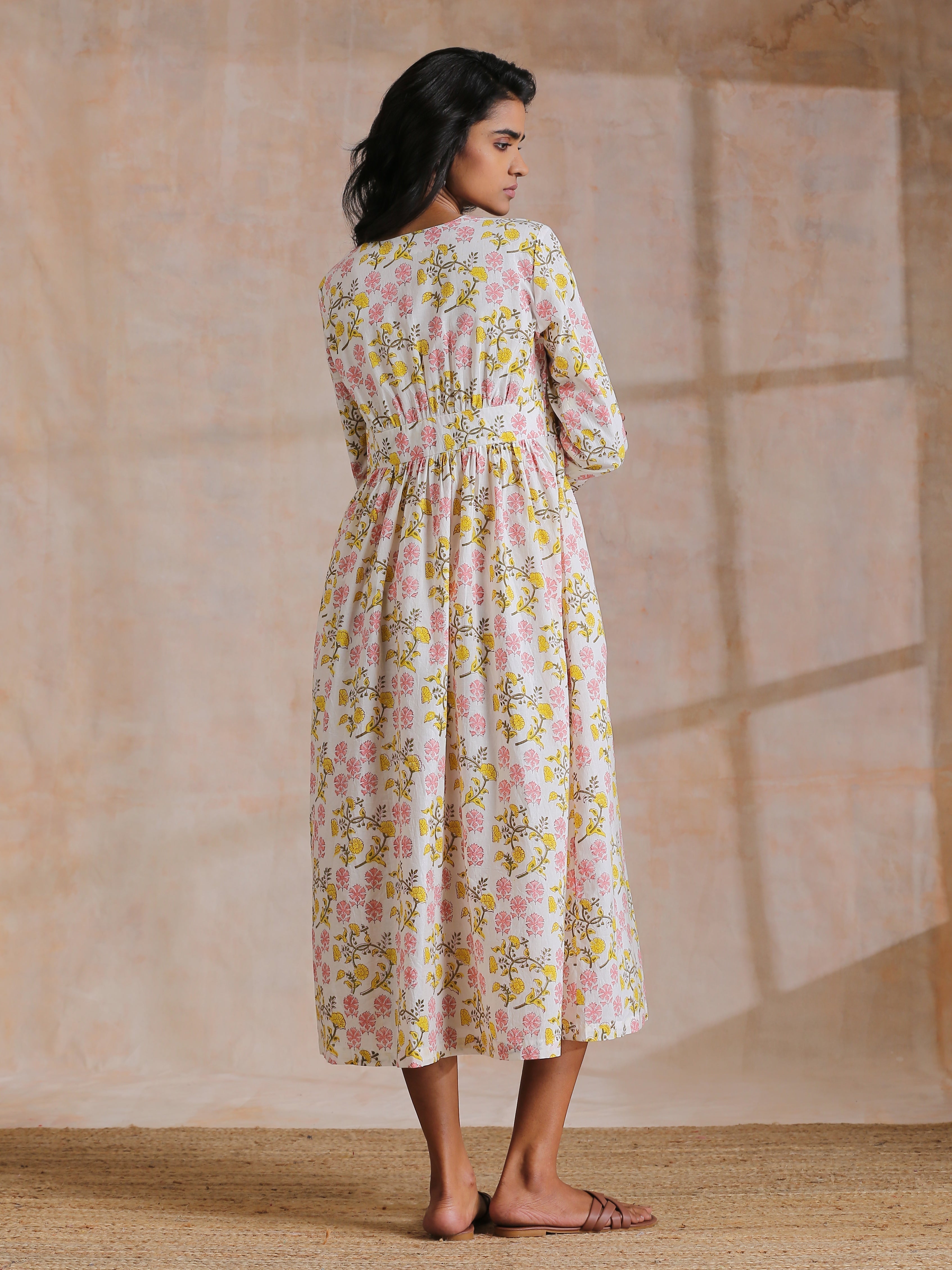 trueBrowns Pink Yellow Floral On White Block Print Cotton Wrap Dress | Relove