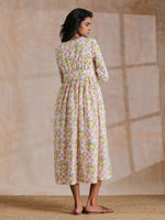 Thumbnail for trueBrowns Pink Yellow Floral On White Block Print Cotton Wrap Dress | Relove