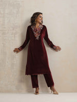 Thumbnail for trueBrowns Maroon Velvet Floral Embroidered Kurta Pant Dupatta Set