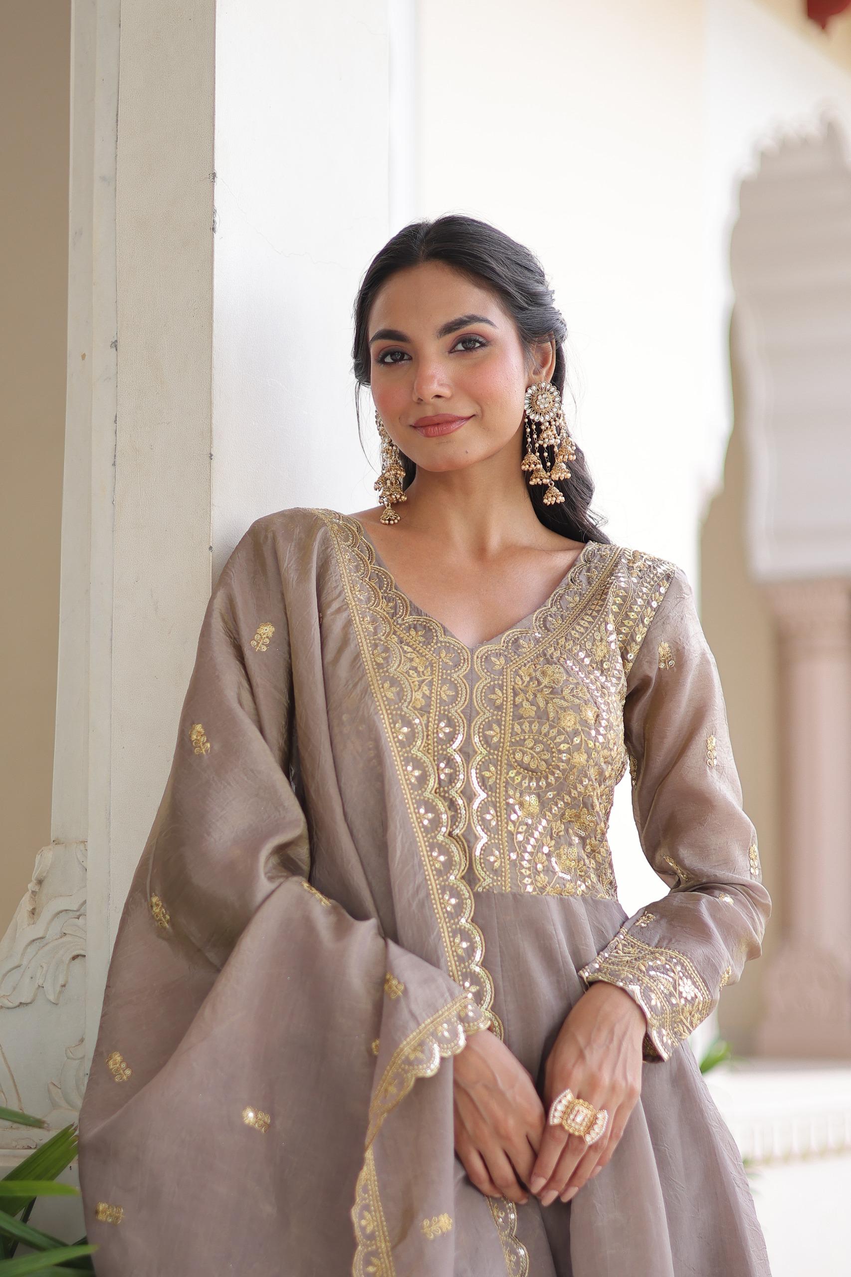 Anaita Grey Silk Readymade Anarkali Suit with Sequence & Embroidery Work - Dista