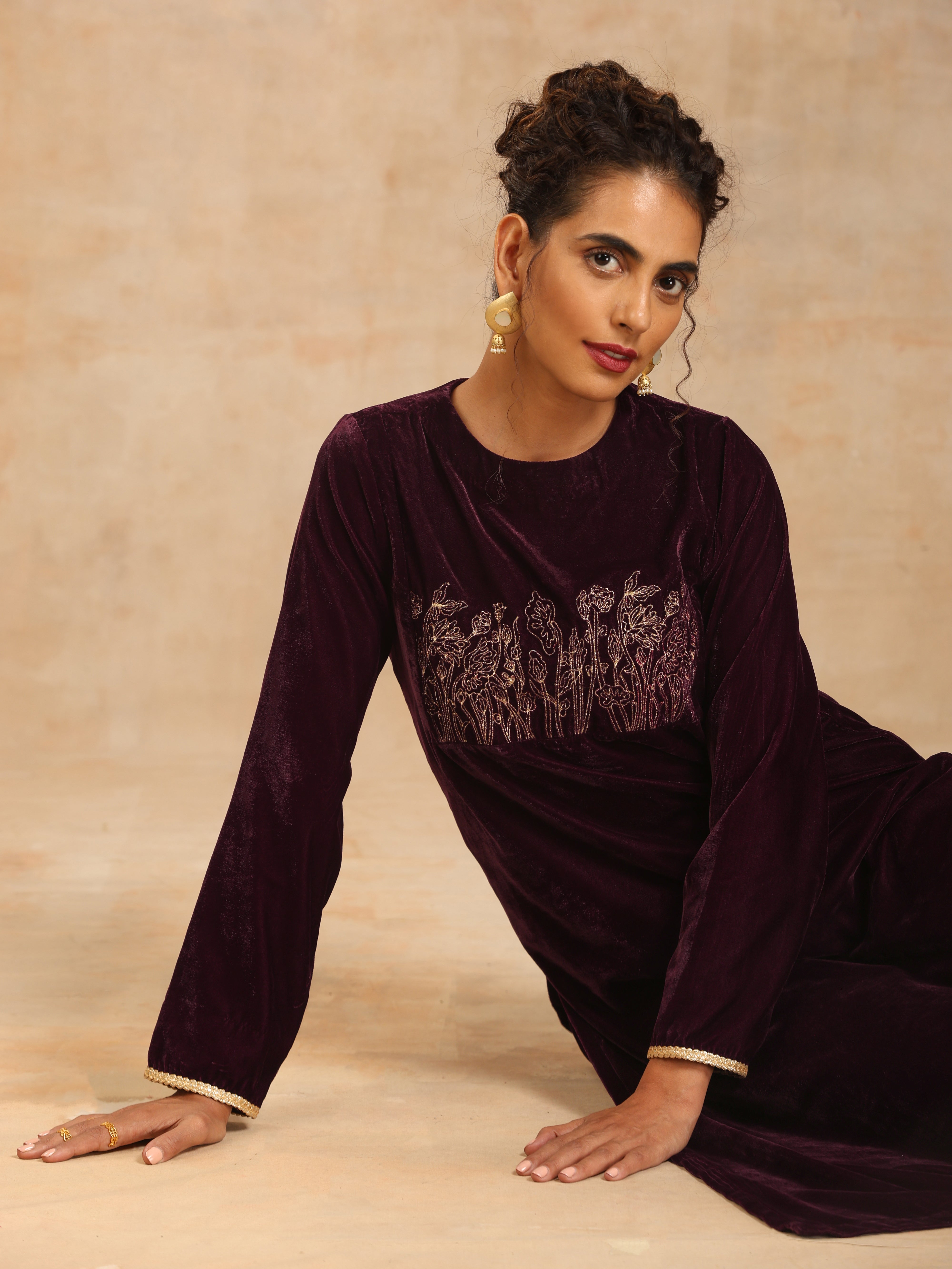 trueBrowns Wine Velvet Yoke Embroidered Kurta - Distacart