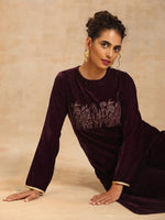 Thumbnail for trueBrowns Wine Velvet Yoke Embroidered Kurta - Distacart