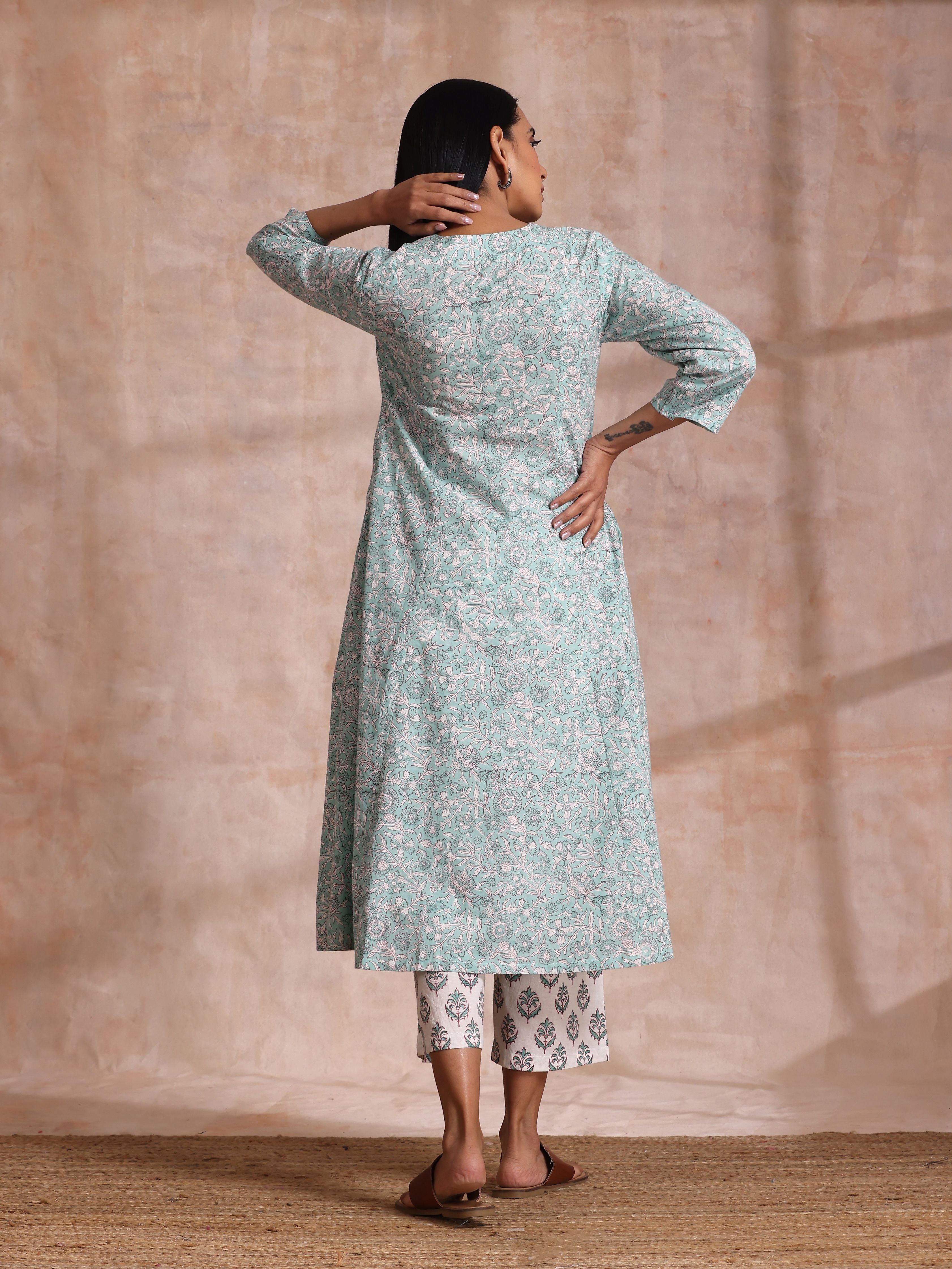 trueBrowns Tiffany Blue Floral Block Print Cotton Front Neck Gathered Kurta Pant Set - Distacart