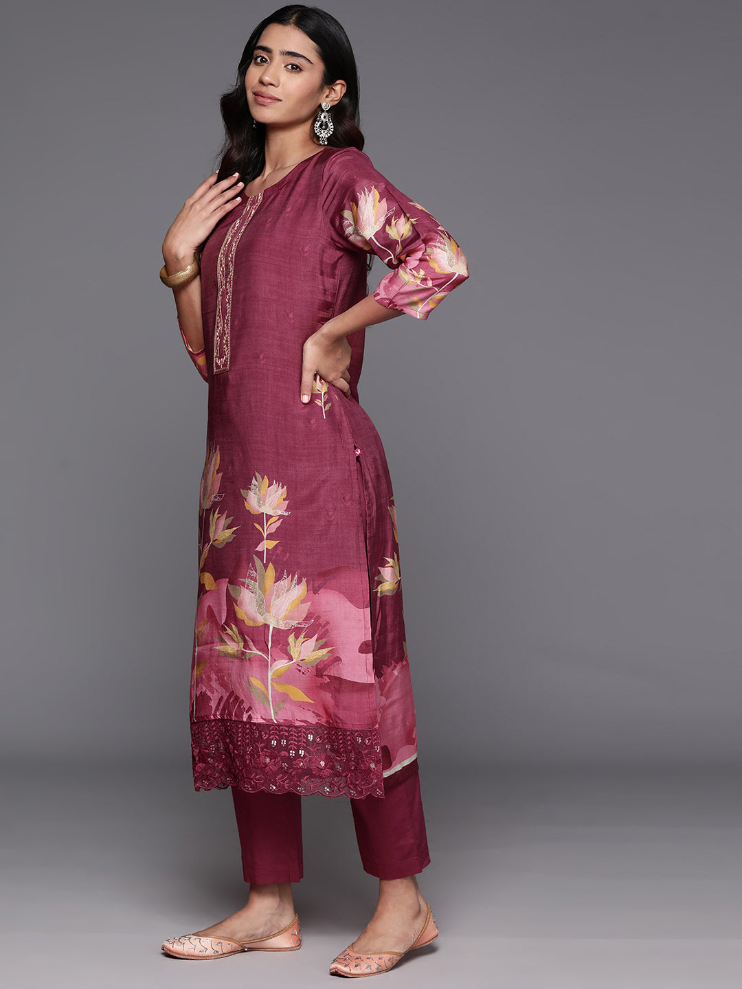 Varanga Women Pure Muslin Maroon Floral Printed Kurta Paired With Tonal Bottom And Organza Dupatta - Distacart