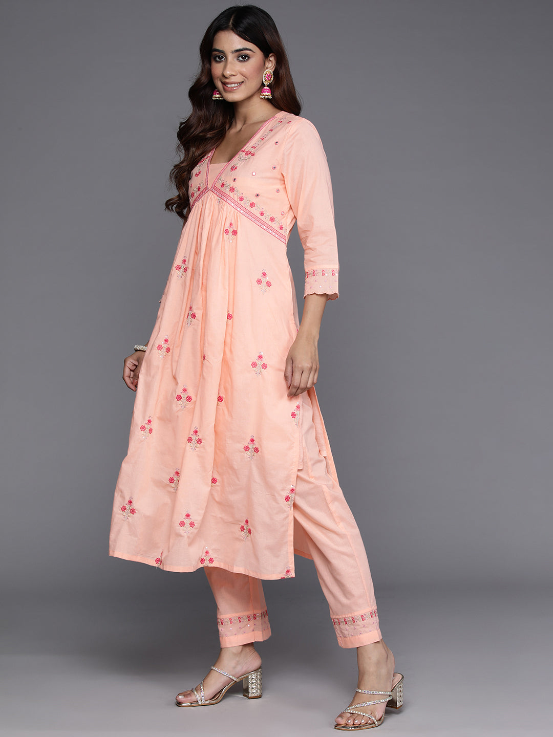 Varanga Women Peach Thread And Sequins Embroidered Kurta With Tonal Bottom And Dupatta - Distacart