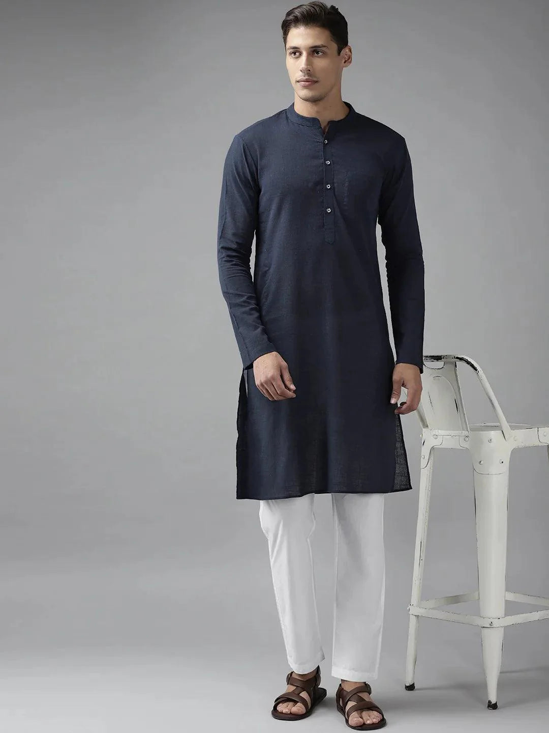Fabmade Men Navy Blue Cotton Linen Kurta Pyjama