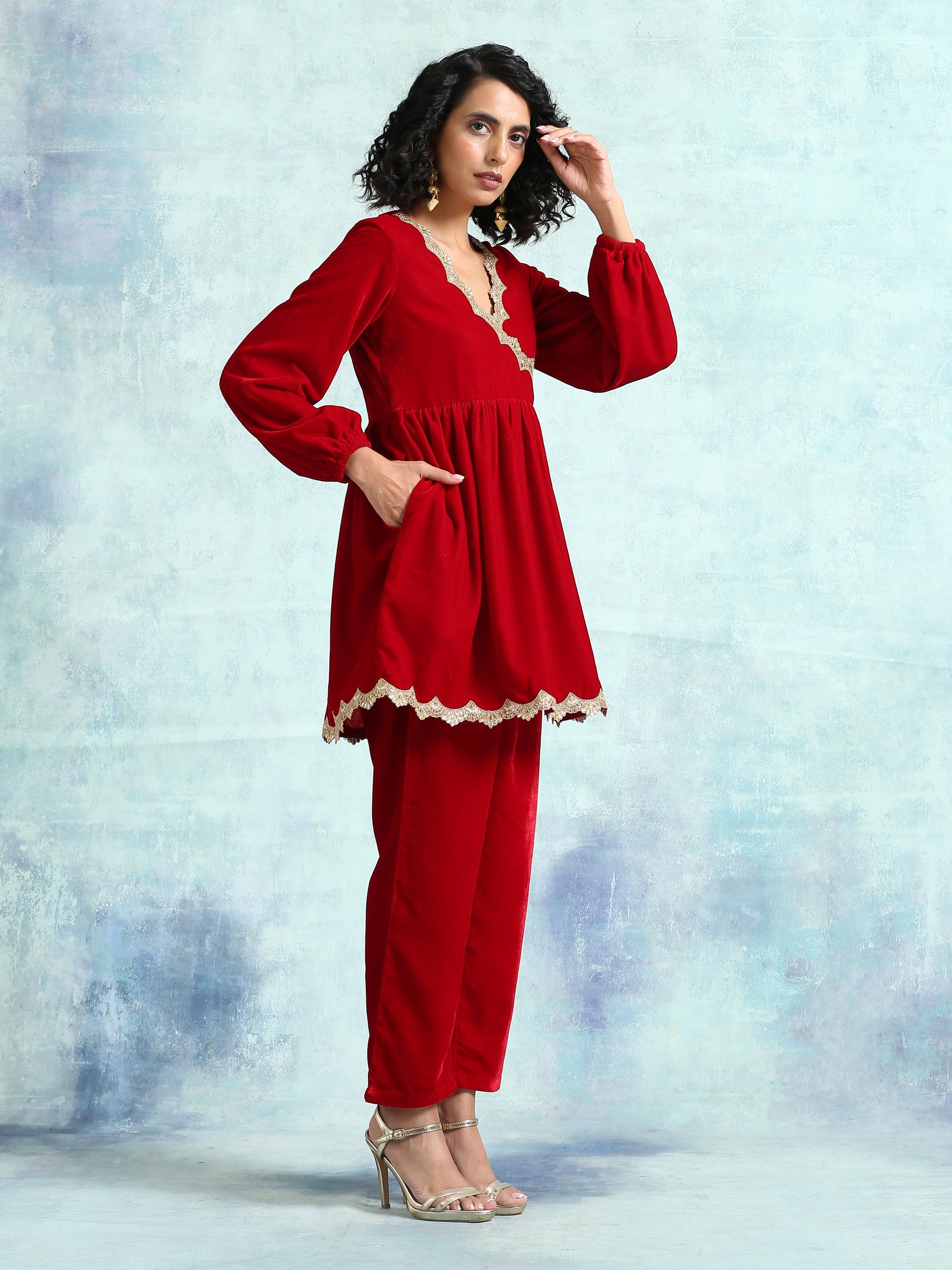 trueBrowns True Red Velvet Lace Co-Ord Set - Distacart