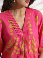 Thumbnail for trueBrowns Pink Cotton Print pleated Dress