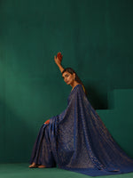 Thumbnail for trueBrowns Royal Blue Cotton Gold Lurex Striped Ready to Wear Saree - Distacart