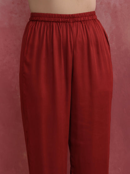 trueBrowns Maroon Modal V Neck Kurta Co-ord Set - Distacart