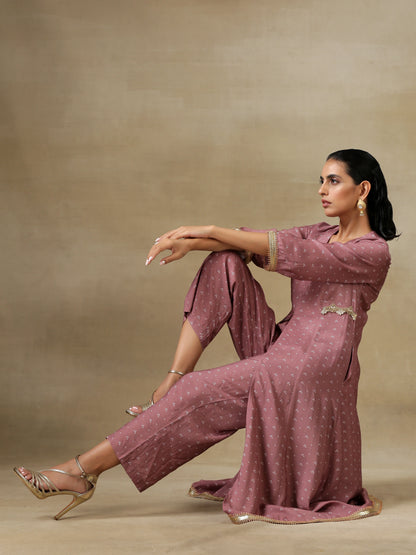 trueBrowns Dark Mauve Bandhani Printed Silk Front Slit Kurta Pant Set | Relove - Distacart
