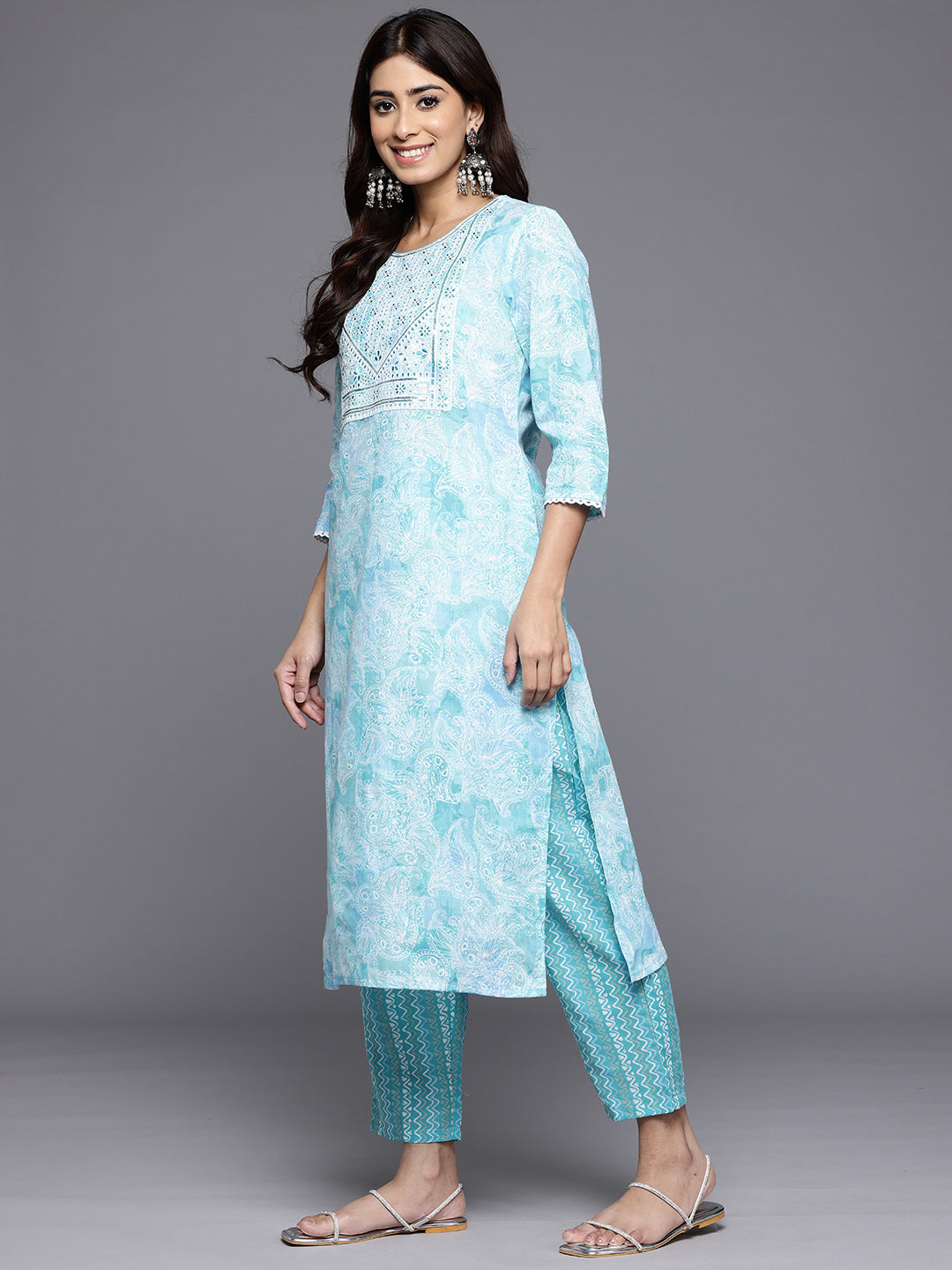 Varanga Women Blue Printed Round Neck Yoke Embroidered Straight Kurta With Bottom And Dupatta - Distacart