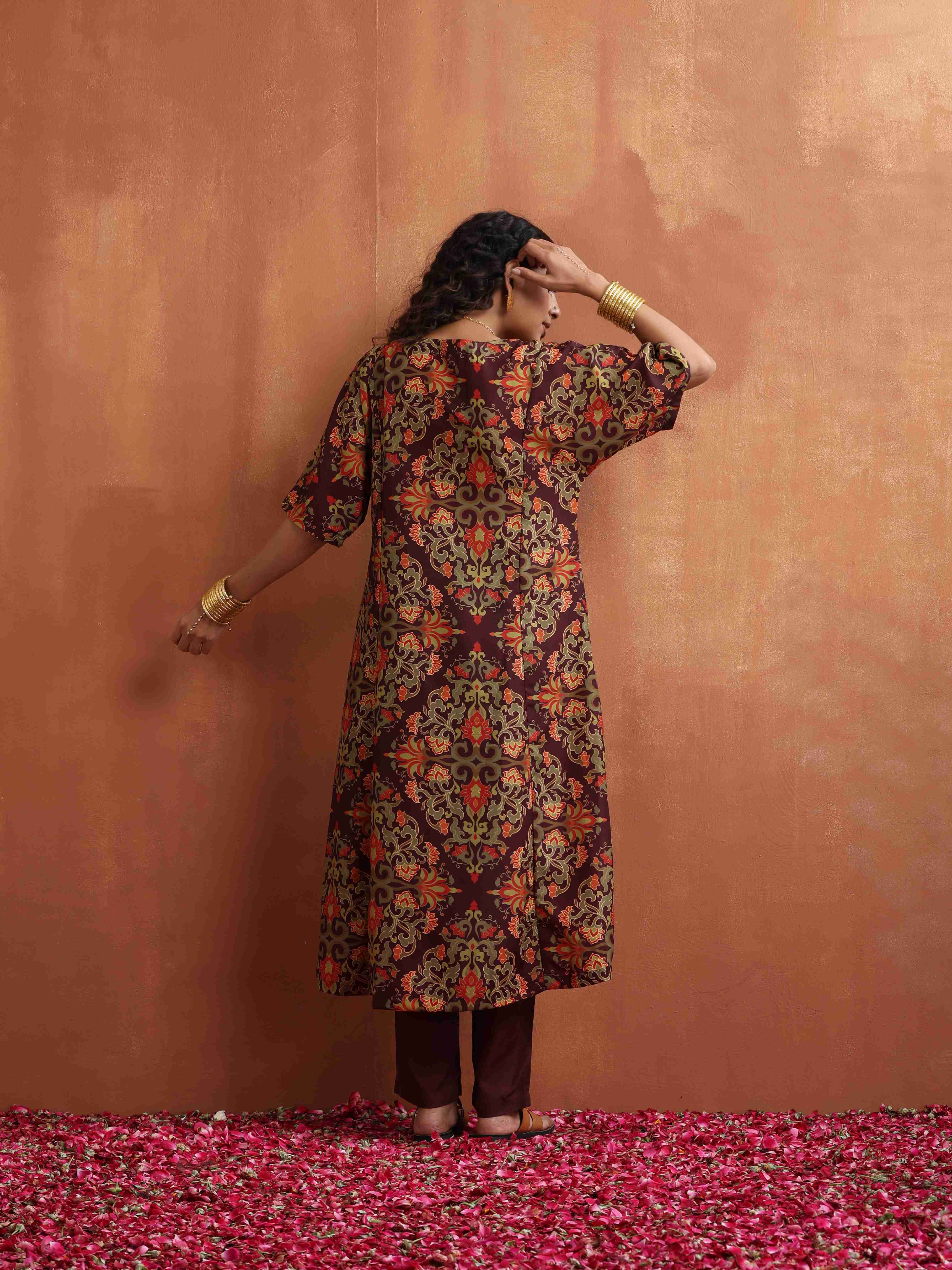 trueBrowns Brown Floral Print Kaftan Kurta Set - Distacart