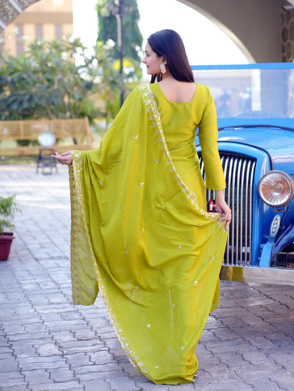 Teeya Creation Olive Color Chinon Silk Heavy Embroidery Work Fully Stitched Salwar Suit - Distacart