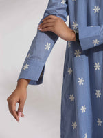 Thumbnail for trueBrowns Blue Cotton Floral Embroidered Dress - Distacart