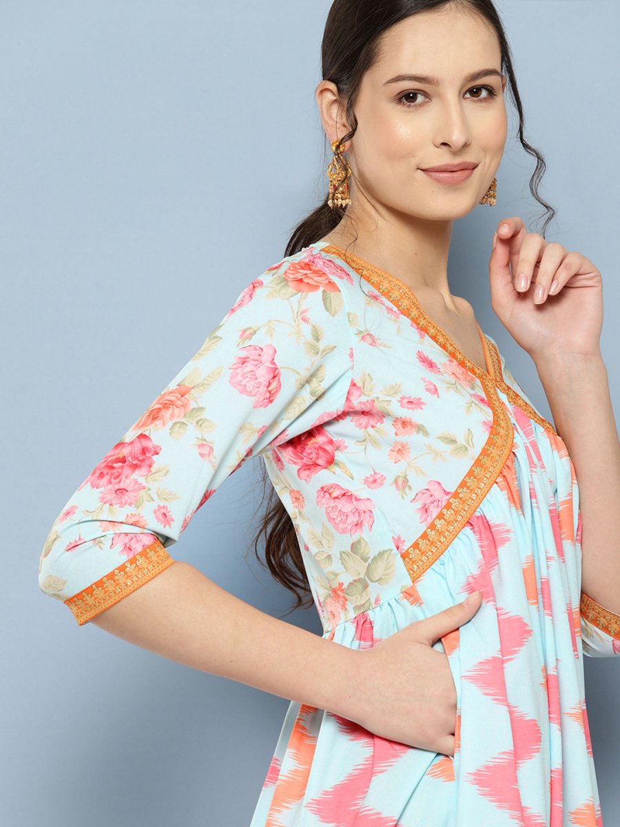 Ahalyaa Floral Printed Midi Empire Ethnic Dress - Distacart