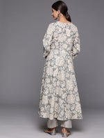 Thumbnail for Varanga Women Grey Floral Printed Angrakha Style Anarkali Kurta Paired With Printed Bottom - Distacart