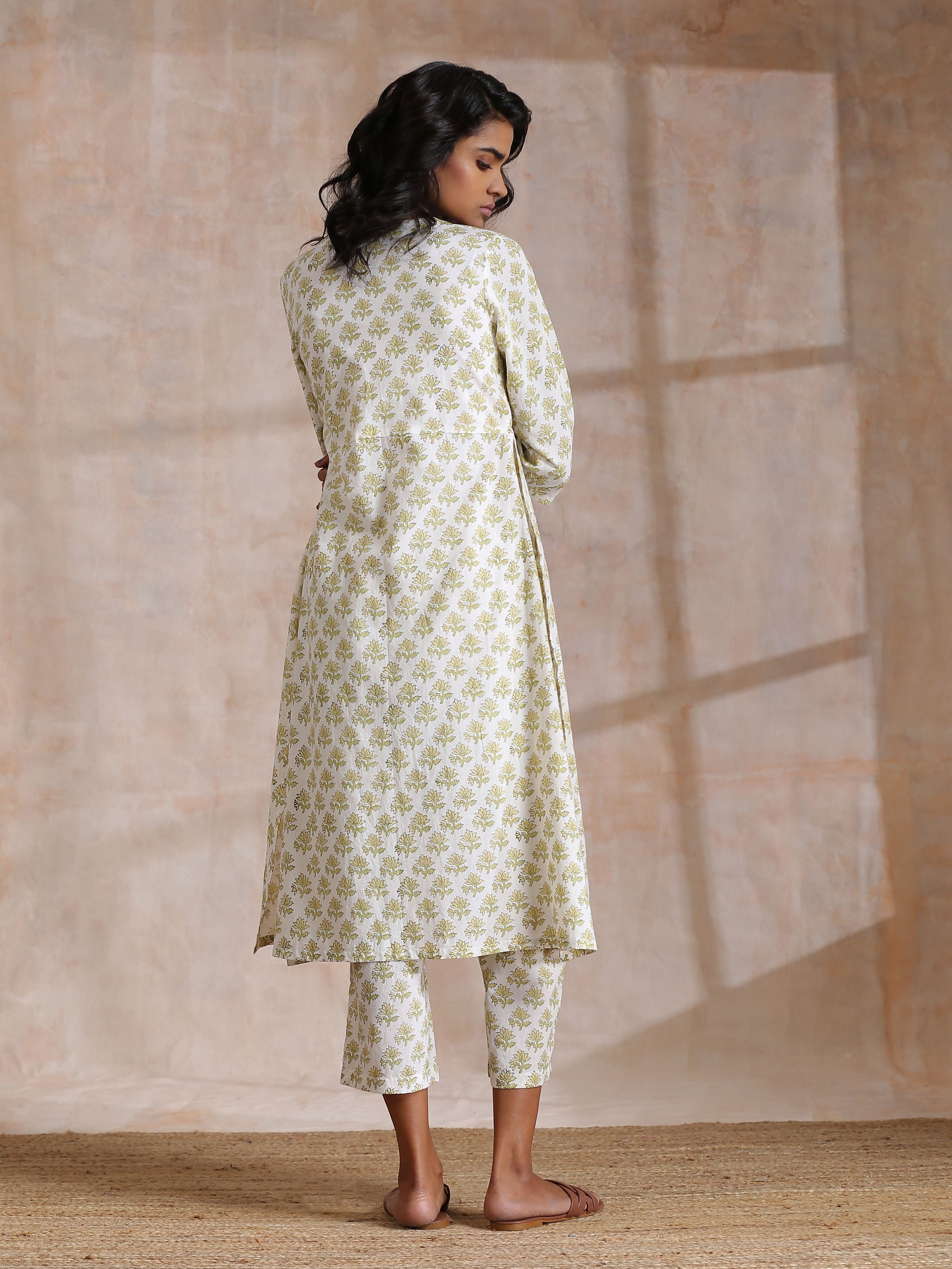 trueBrowns Green Buta On Off White Block Print Cotton Slit Gathered Kurta Set - Distacart