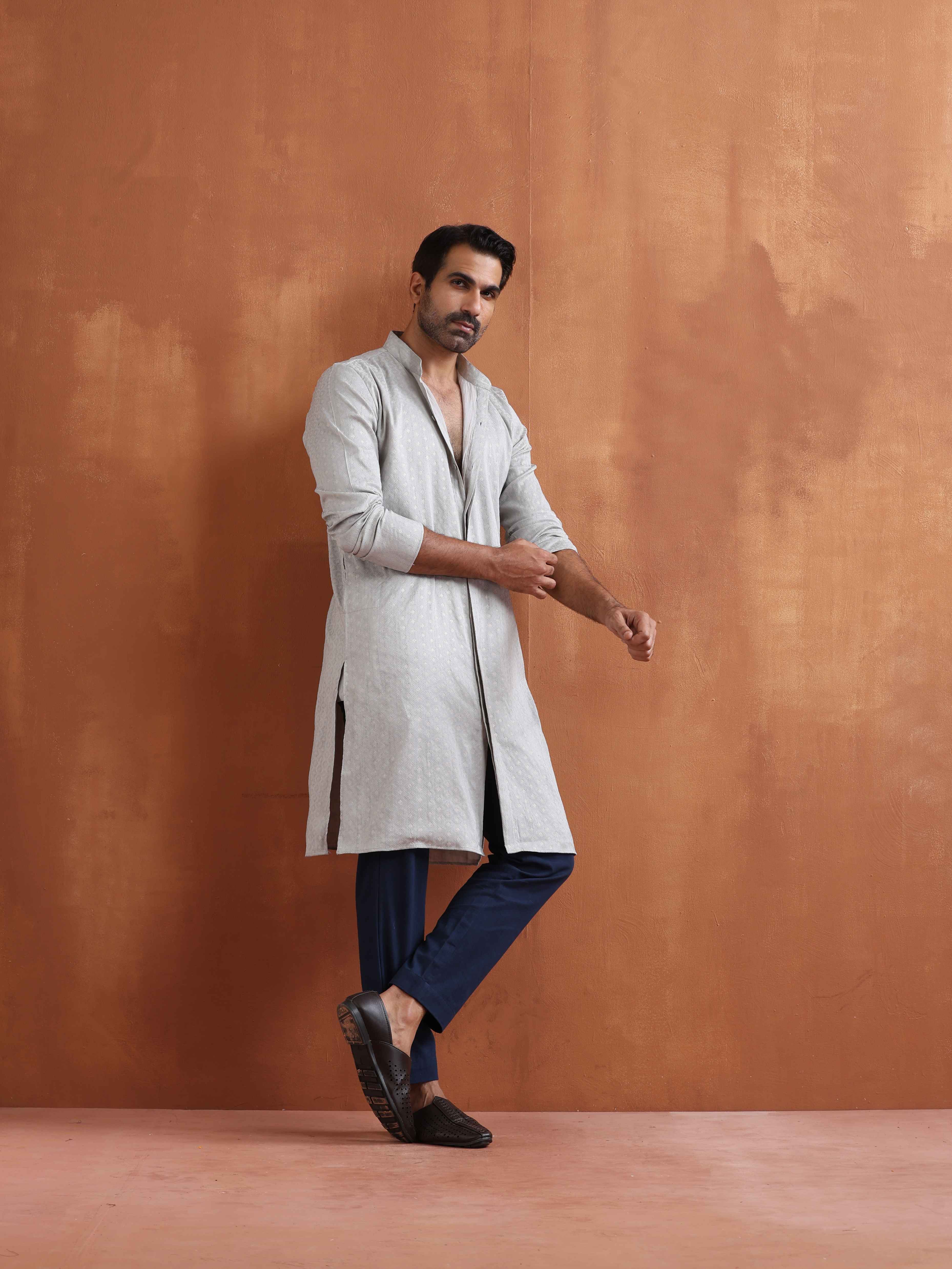 trueBrowns Men's Grey Chanderi Front Open Kurta