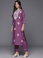 Thumbnail for Varanga Women Purple Thread Embroidered Kurta With Tonal Bottom And Dupatta - Distacart