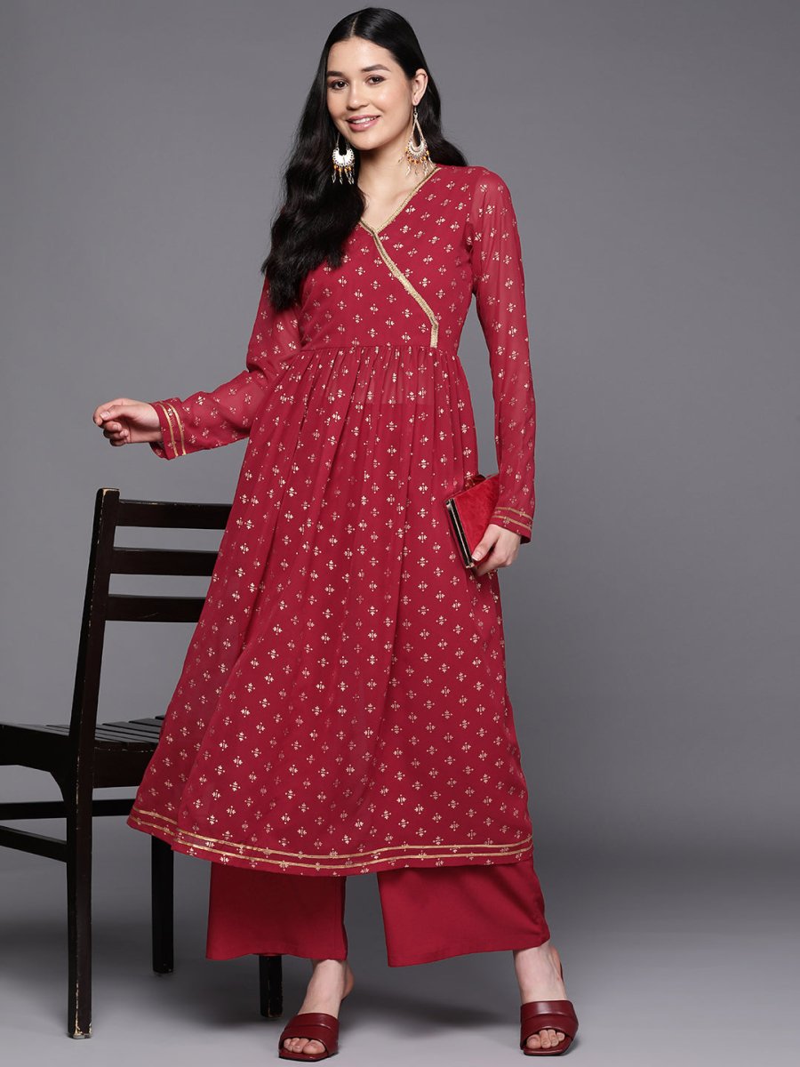 Ahalyaa Women Maroon Floral Empire Kurta with Palazzos - Distacart