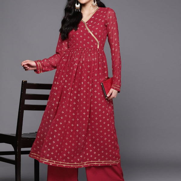 Ahalyaa Women Maroon Floral Empire Kurta with Palazzos - Distacart