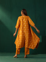 Thumbnail for trueBrowns Mustard Geometric Floral Viscose Silk Handkerchief Kurta Pant Set - Distacart