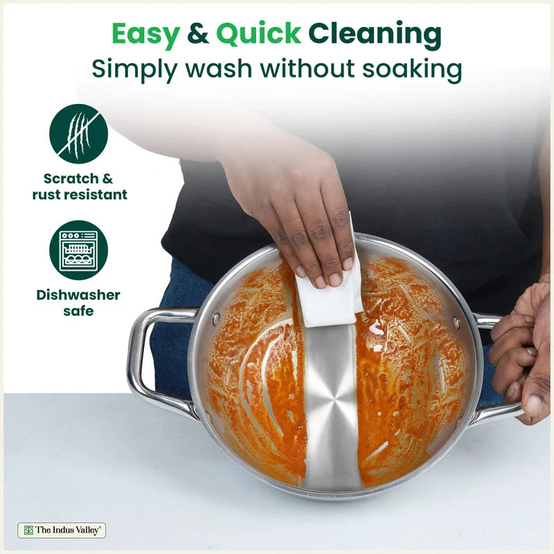 The Indus Valley TurboCuk Tri-ply Stainless Steel Cookware Set: 24cm Kadai with Lid + 22cm Fry Pan + 16cm Sauce pan, Premium Quality, 3 Layer Thick Body, 100% Toxin-free, Non-stick, Induction & Gas