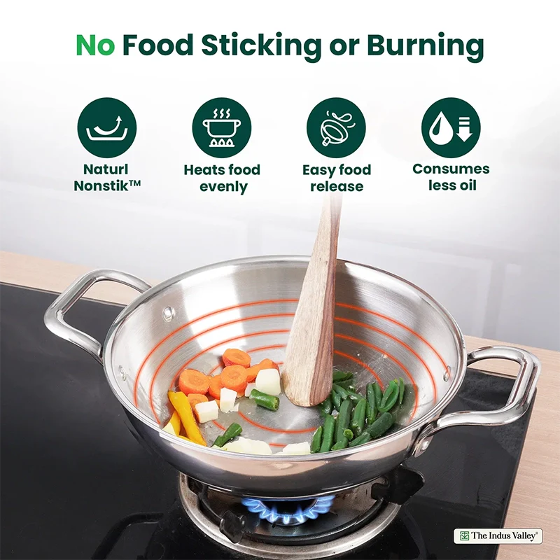 The Indus Valley TurboCuk Tri-ply Stainless Steel Kadai, Premium Quality, 3 Layer Thick Body, 100% Toxin-free, Non-stick, Induction & Gas, Free ₹110 Spatula, 1.7/2.7/3.5L - Distacart