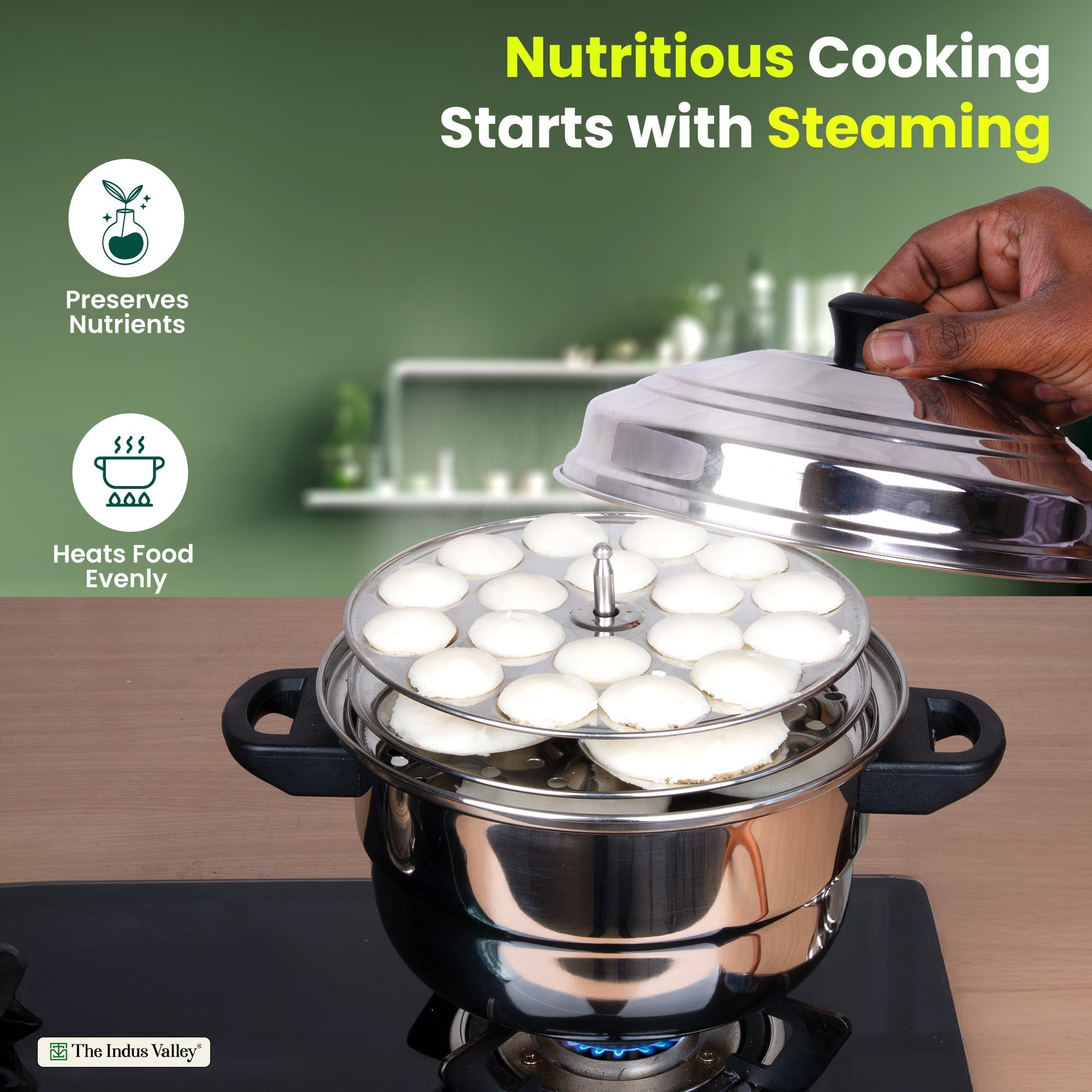 The Indus Valley Premium Stainless Steel idlipot regular with mini idli plates-(3+1) Idli/ Momo Maker/  Veg Steaming Set, Tri-ply Induction Bottom, 4 Plates