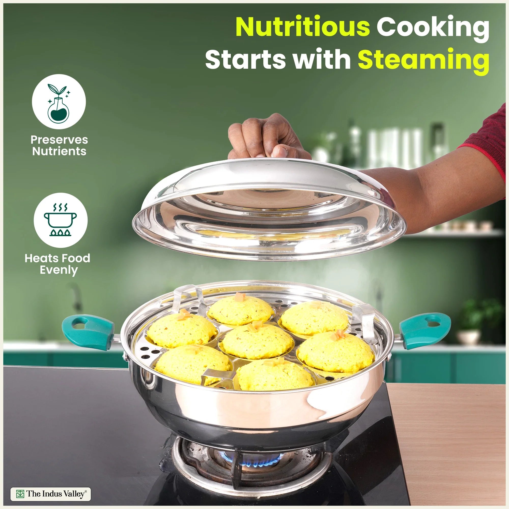 The Indus Valley 14 Pit Tri-Steel Multi Pot Premium Stainless Steel Idli/ Momo Maker/  Veg Steaming Set, Tri-ply Induction Bottom, 2 Plates, 27cm