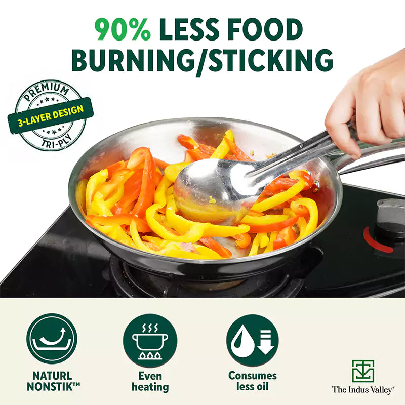 The Indus Valley TurboCuk Tri-ply Stainless Steel Cookware Set: 2.2L Kadai+ 1.4L Frypan+  1.2L Tea/Milk pan, Premium Quality, 3 Layer Thick Body, 100% Toxin-free, Non-stick, Induction & Gas