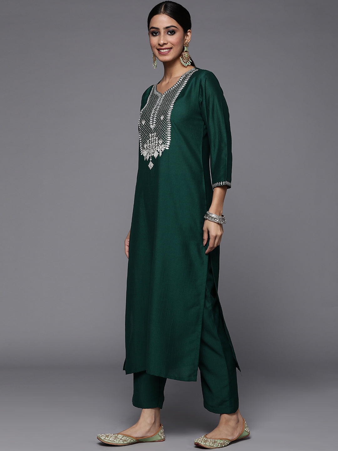 Varanga Green Embroidered Kurta Paired With Tonal Trouser And Dupatta - Distacart