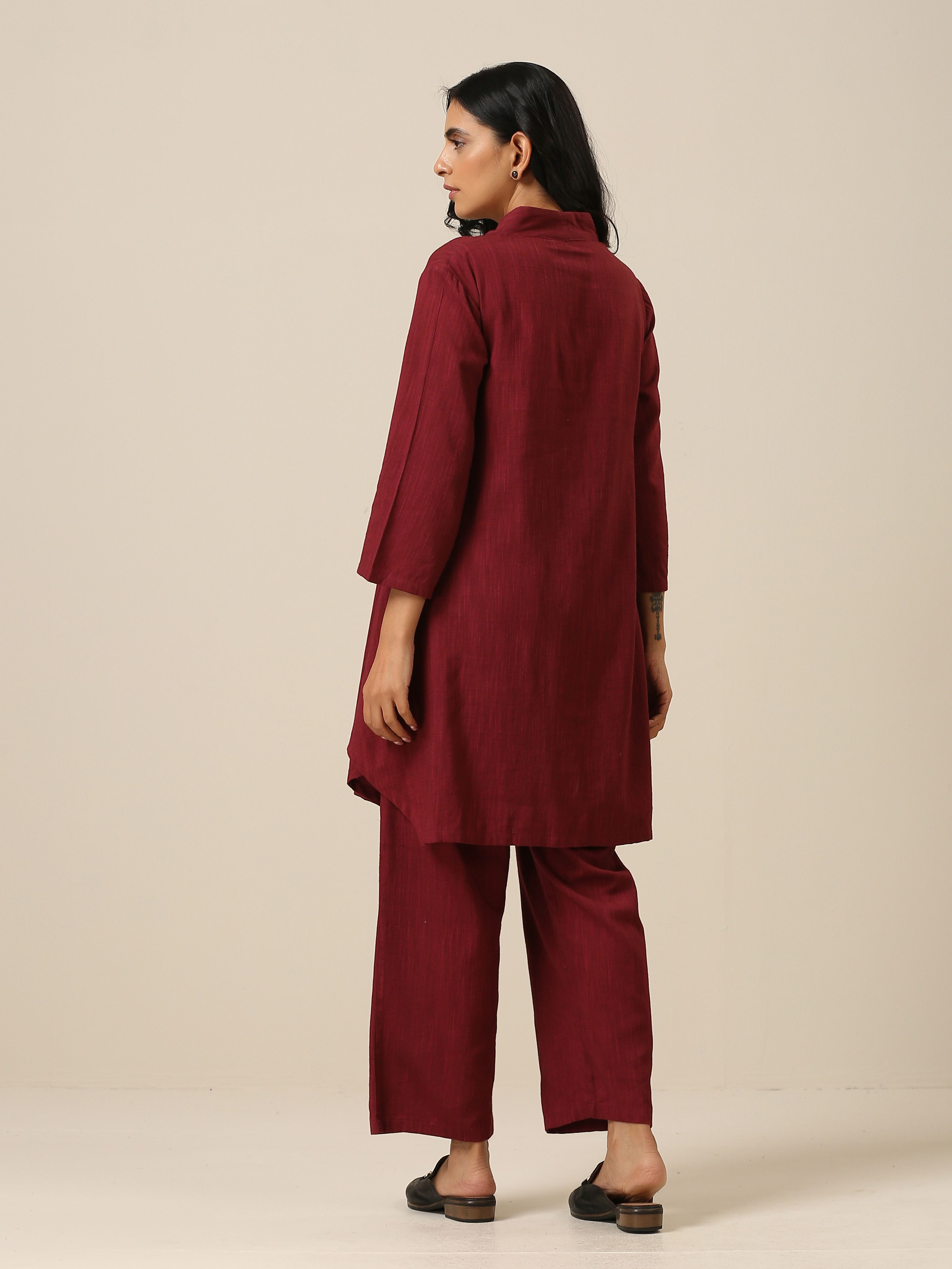 trueBrowns Ruby Wine Slub Textured Collar Co-Ord Set - Distacart