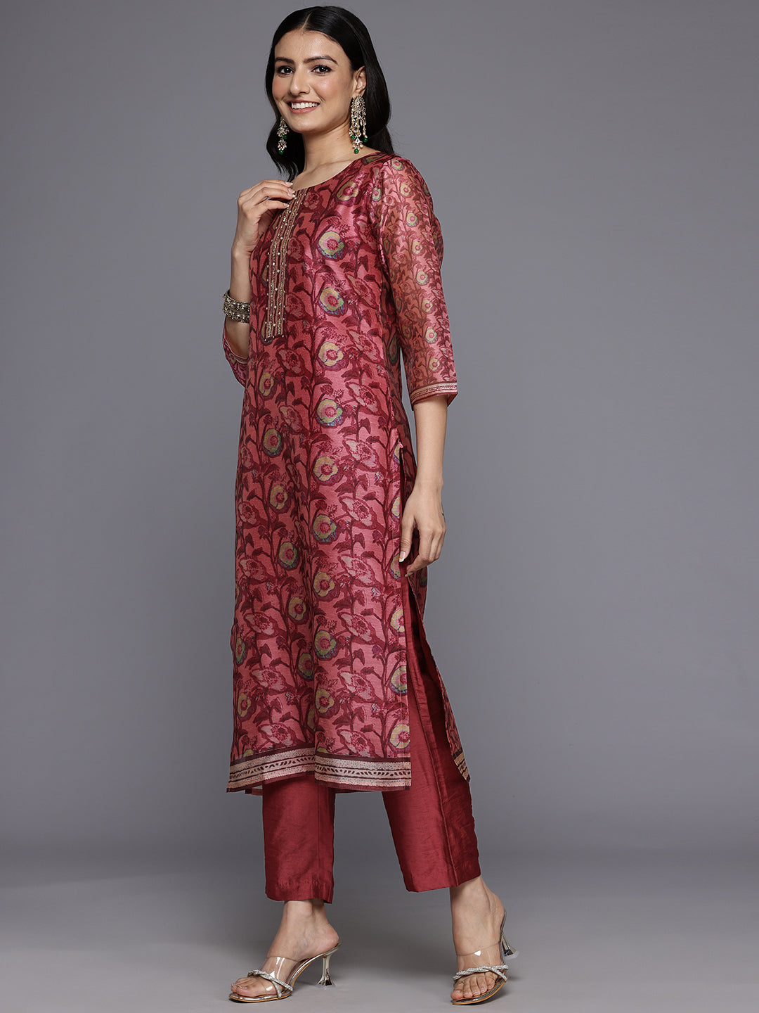 Varanga Women Maroon Floral Printed Kurta, Round Neck Straight Kurta Paired With Tonal Bottom And Printed Dupatta - Distacart