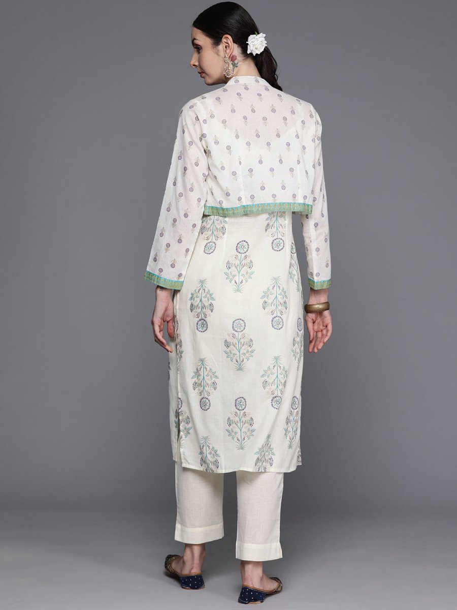 Ahalyaa Floral Printed Regular Pure Cotton Kurta with Trousers & Jacket - Distacart