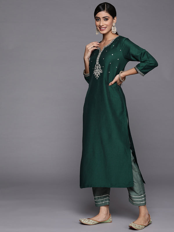 Varanga Green Embroidered Kurta With Contrast Bottom And Dupatta - Distacart