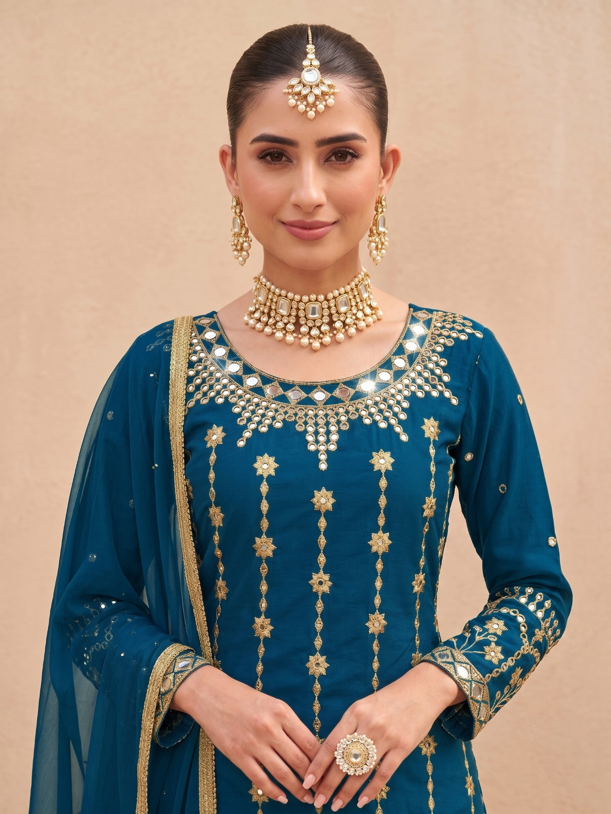 Anaita Teal Silk Unstitched Suit with Embroidery & Real Mirror Work - Dista