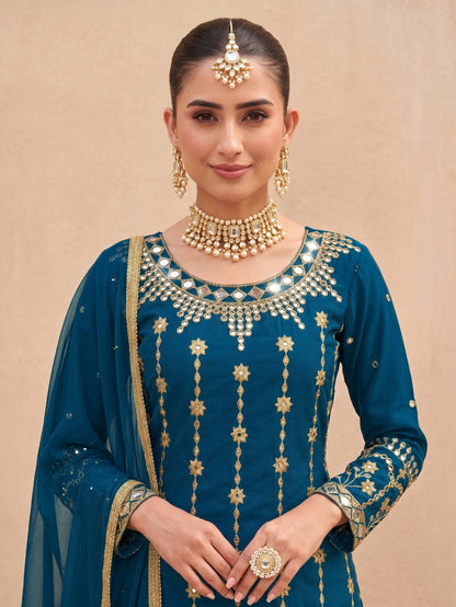 Anaita Teal Silk Unstitched Suit with Embroidery & Real Mirror Work - Dista