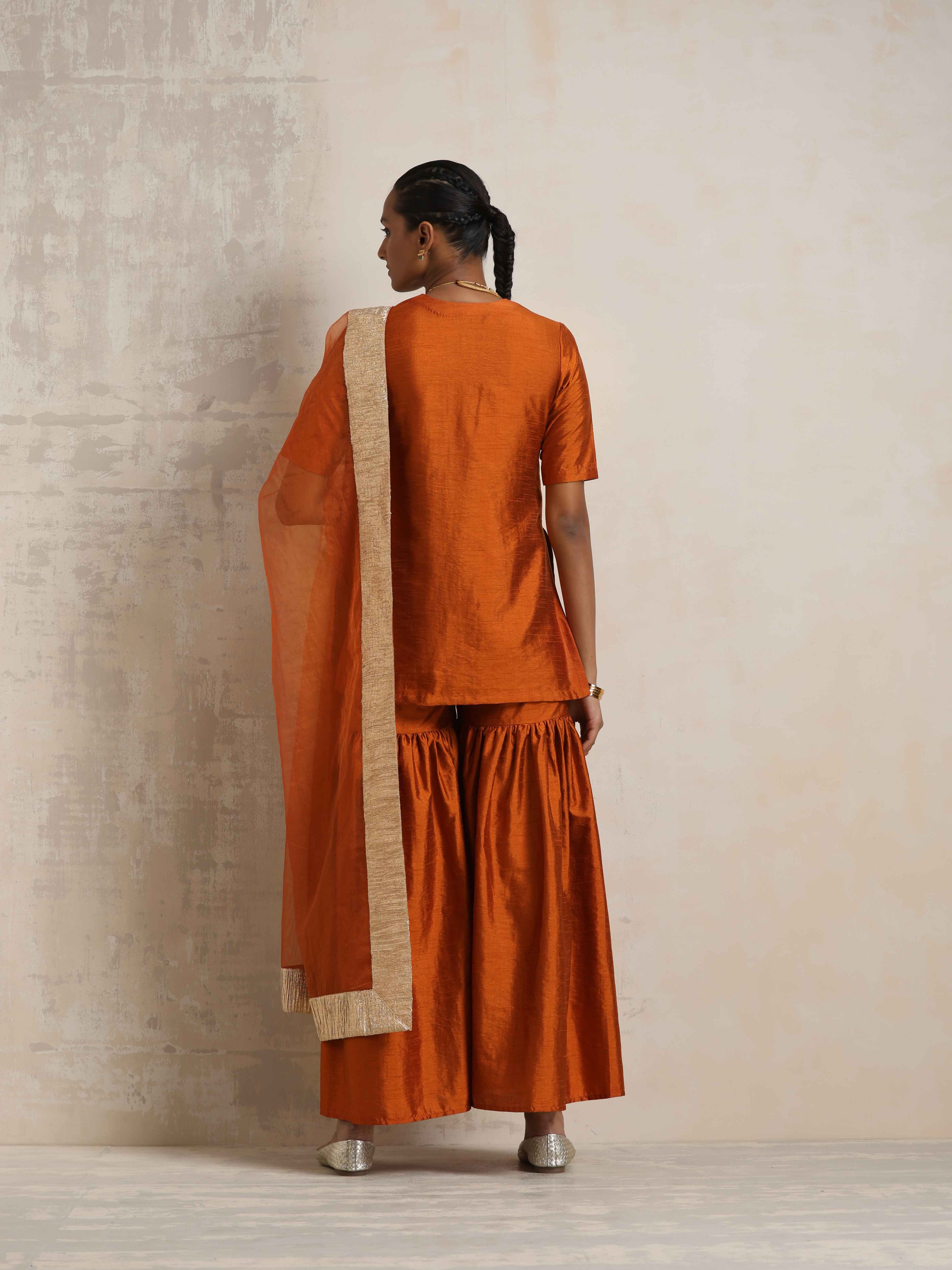 trueBrowns Orange Silk Sharara Dupatta Set - Distacart