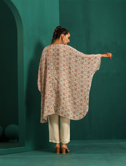 trueBrowns Off White Circle Floral Muslin Silk Printed Kaftan Pant Set - Distacart