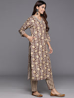 Thumbnail for Varanga Women Brown Floral Printed Kurta Paired With Bottom & Dupatta - Distacart