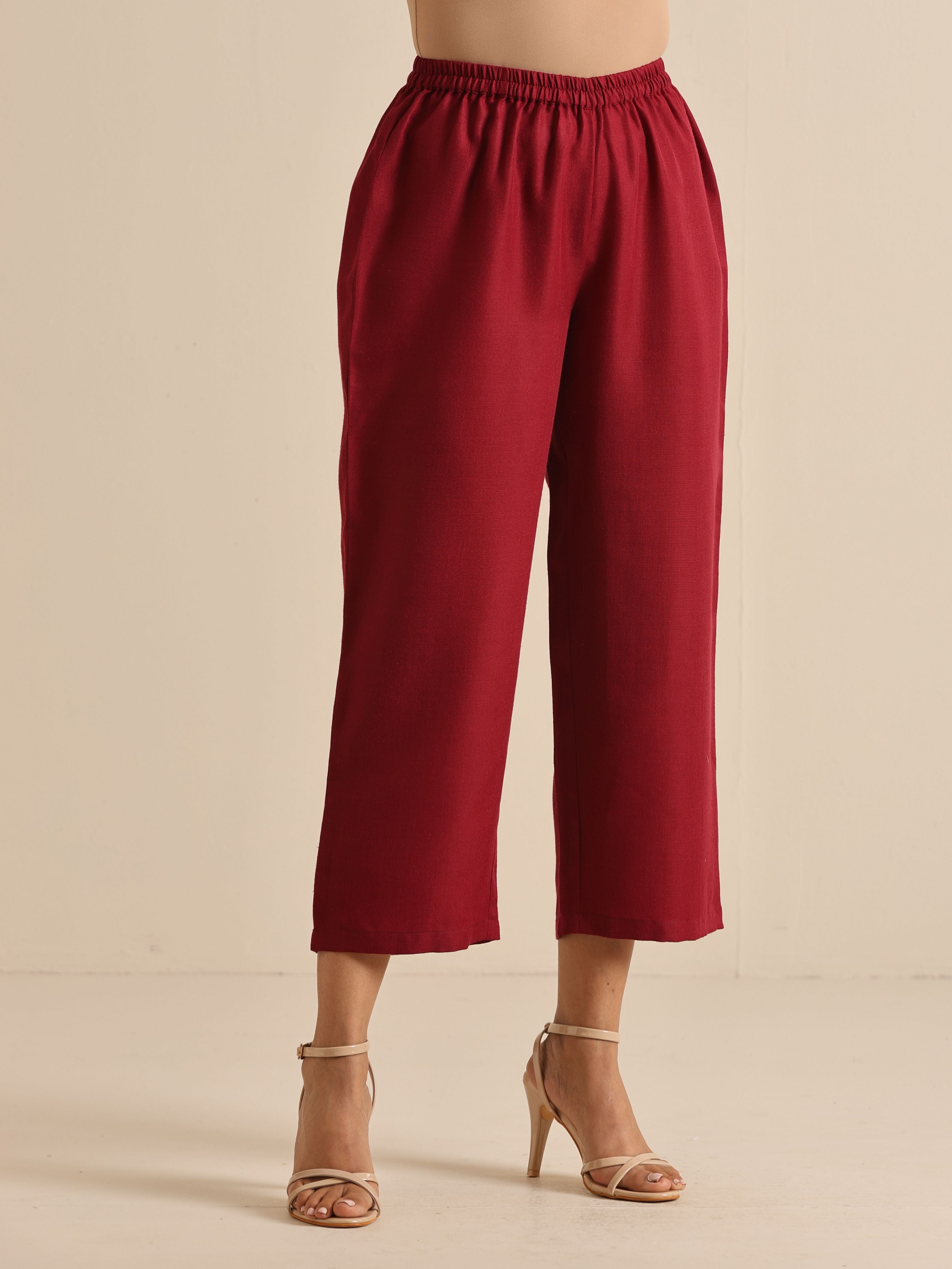 trueBrowns Maroon Slub Gathered Kurta Pant Set - Distacart