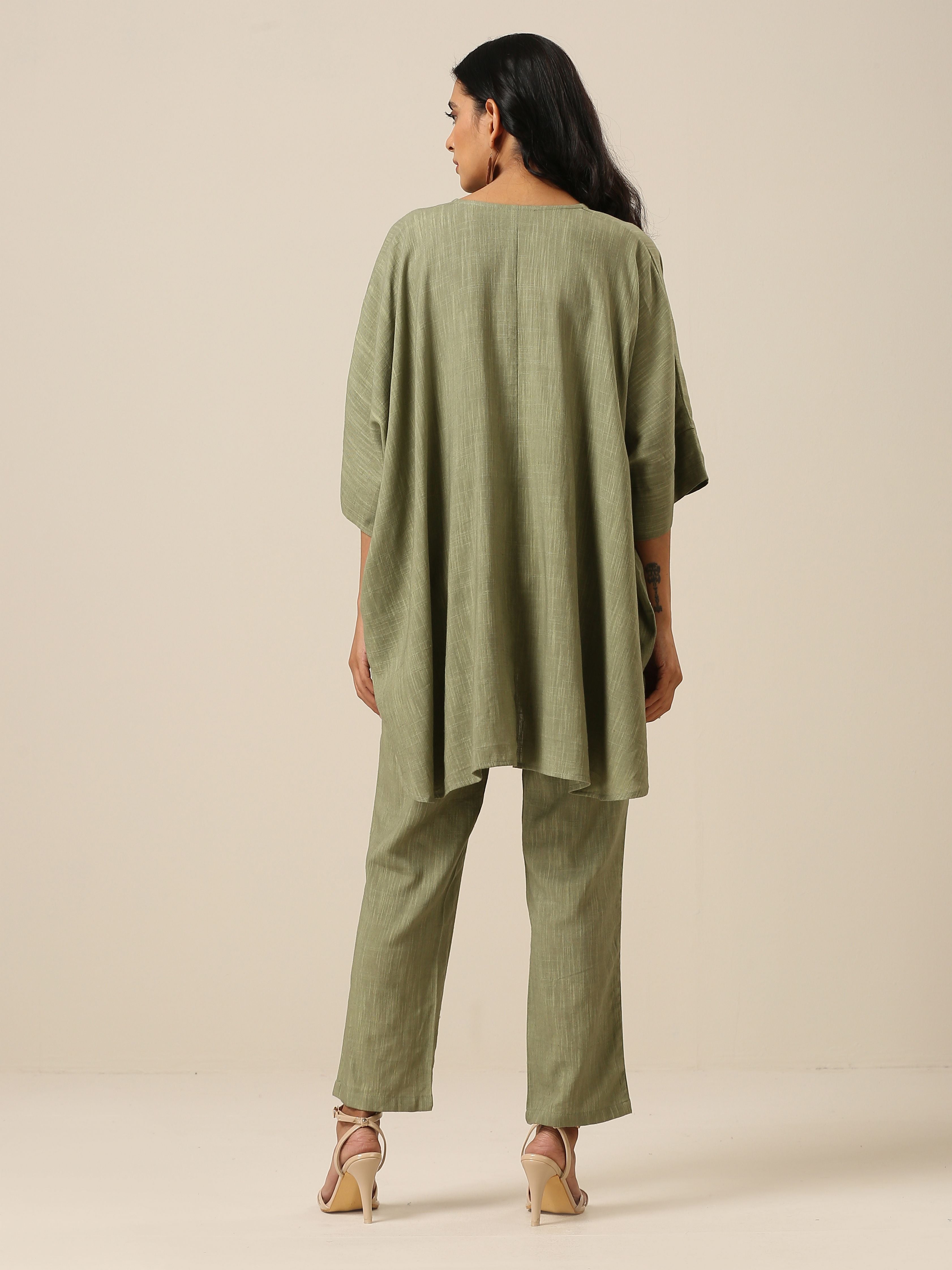 trueBrowns Sage Slub Texture Boxy Fit High Low Co-Ord Set - Distacart