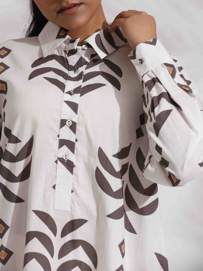 trueBrowns White Cotton Stripe Print Kurta Co-ord Set - Distacart