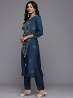 Thumbnail for Varanga Women Navy Blue Hand Embroidered Straight Kurta With Trousers And Embroidered Dupatta - Distacart